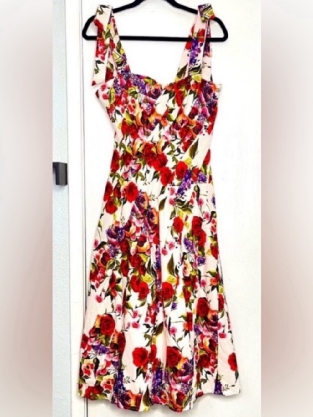 Avec Les Filles White Floral Tie-Shoulder Midi Dress with Red/Purple Print Sz 4